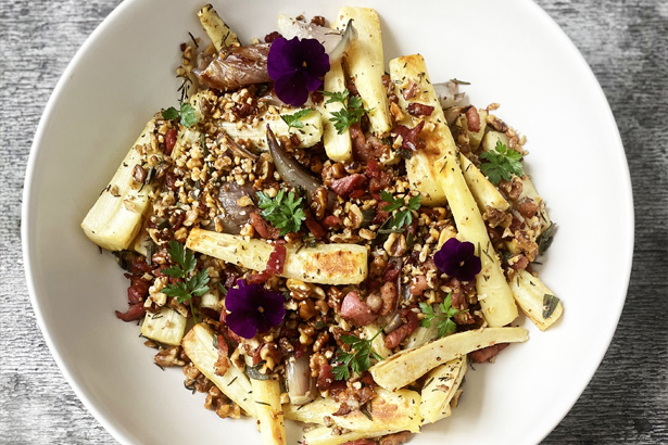 Roasted shallots and parsnips with bacon walnut crumb
