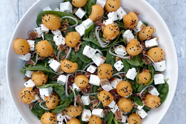 Rockmelon baby spinach feta and bacon salad