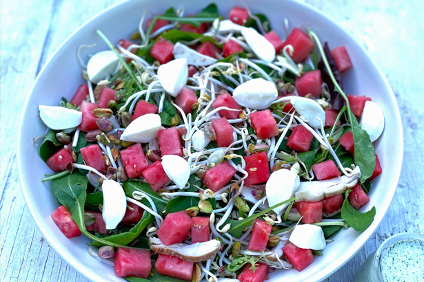 Watermelon rocket and smoked chicken salad