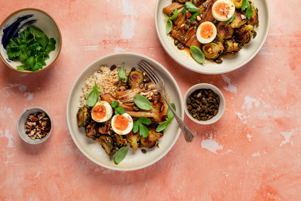 Rice bowl with braised leek crispy Brussel sprouts v3