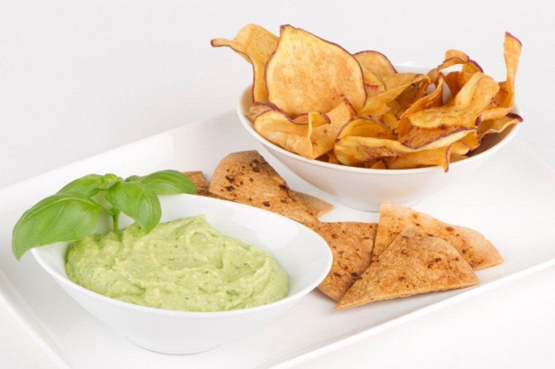 pesto spread with kumara chips